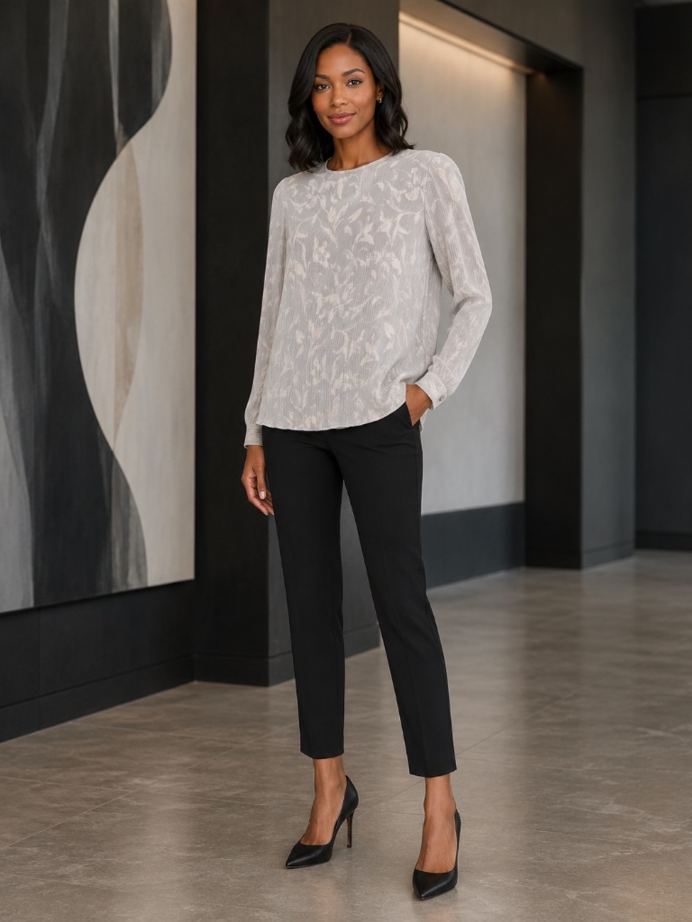 Giorgio Armani | Pleated Soft Ivory and Gray Colored Blouse | Size 10